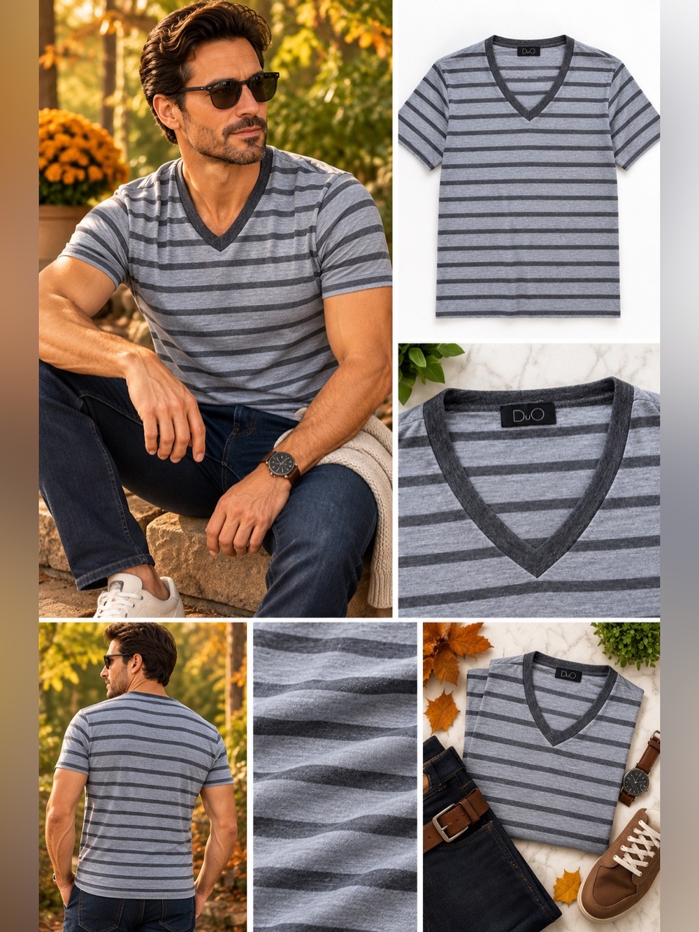 DuO - V-Neck Gray Striped Vintage Tee Shirt